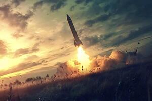 Rocket launching from field at sunset, starting its journey to space photo