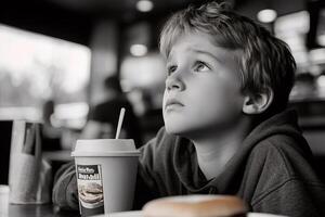 Pensive child contemplating in fast food restaurant with burger and drink photo
