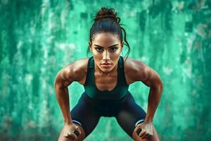 Determined sportswoman doing squats with dumbbells against green wall photo