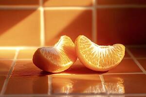 Two tangerine slices resting on orange tiles in warm sunlight photo
