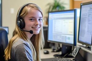 Smiling operator wearing headset working at office with dual screen computer set photo