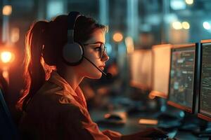 Focused female programmer working on software development project at night photo