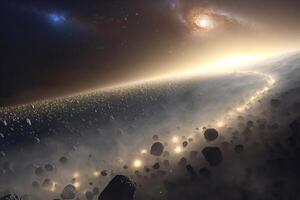 Asteroid belt orbiting a star with spiral galaxy in the background photo