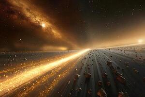 Golden ring of dust and rocks orbiting a planet in deep space photo