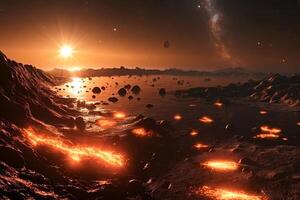 Exoplanet surface showing lava flows at sunset with milky way galaxy photo