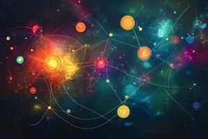 Network connecting glowing circles in colorful space design photo