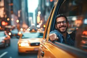Smiling businessman enjoying new york city taxi ride at dusk photo