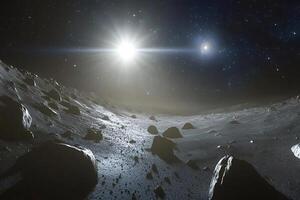 Bright sunlight illuminating rocky surface of distant planet in space photo