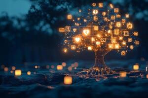 Glowing digital tree showing app icons and connecting lines at night photo