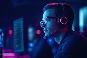 Software developer working on computer wearing headphone in dark office at night photo