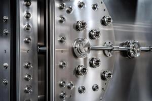 Close-up of intricate locking mechanism on a vault door, emphasizing security photo