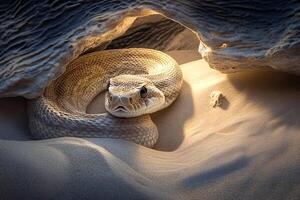 Gopher snake resting in desert burrow at sunset photo