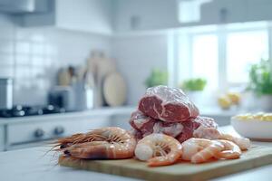 Fresh prawns and red meat resting on cutting board in modern kitchen photo