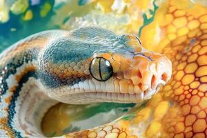 Colorful python snake showing its scales and eye photo