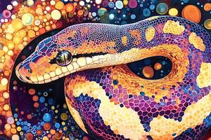 Colorful ball python slithering through psychedelic bokeh background photo