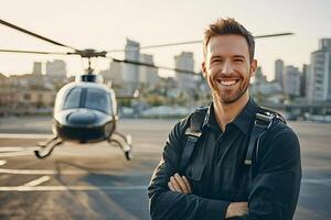 Pilot smiling with arms crossed, posing in front of helicopter on helipad photo