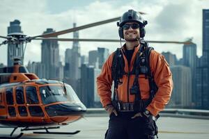 Helicopter pilot smiling with new york city skyline in background photo