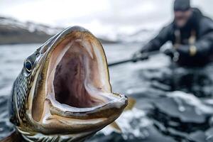 Fisherman holding lake trout with open mouth showing sharp teeth photo