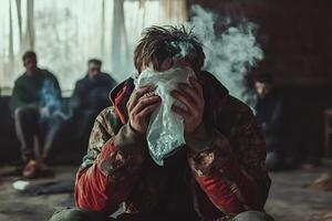 Drug addict inhaling glue from plastic bag with other addicts in the background photo