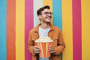 Young man smiling and holding popcorn bucket in front of colorful background photo