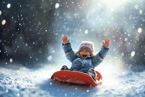 Happy child sliding downhill on sled in snowy winter wonderland photo