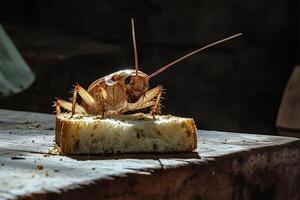 American cockroach eating bread in dark environment photo