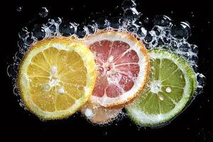 Lemon, grapefruit and lime slices submerged in sparkling water with bubbles photo