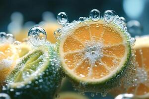 Fresh lime slices submerged in sparkling water with bubbles photo