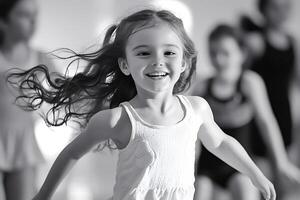Happy girl running and smiling with hair blowing in the wind photo