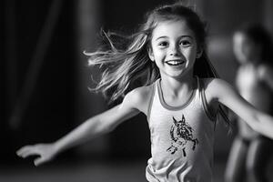 Happy girl running with open arms and long hair flowing in black and white photo