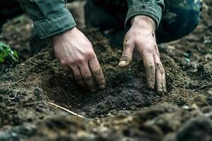 Soldier touching ground during military operation in forest photo
