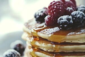 Stack of pancakes dripping with maple syrup and topped with fresh berries photo