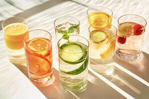 Refreshing summer drinks with sliced fruits and vegetables infused water photo