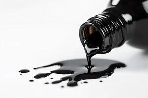 Black petroleum or crude oil spilling from a bottle on a white background photo