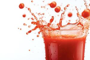 Fresh tomatoes splashing into glass of tomato juice photo