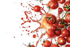 Fresh tomatoes exploding with juice splash on white background photo