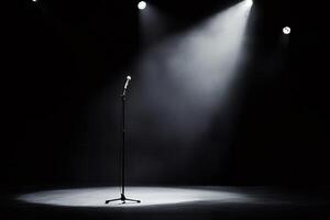 Microphone stands on empty stage awaiting performer under spotlights photo