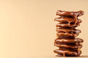 Stack of chocolate cookies covered in dripping caramel on beige background photo