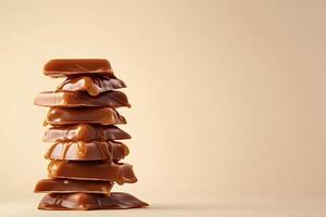 Stack of caramel candies dripping on beige background photo