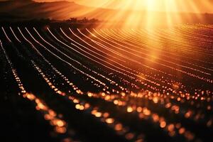 Golden sunset illuminating crop field rows with dew drops photo