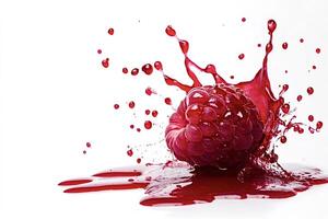 Raspberry splashing into red juice on white background photo