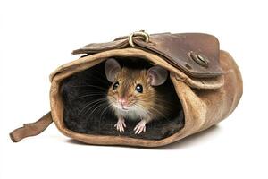 Wood mouse hiding in a leather bag looking at camera photo