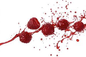 Ripe raspberries splashing into fresh juice on white background photo