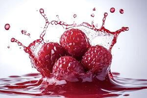 Ripe raspberries splashing into juice creating a refreshing burst photo
