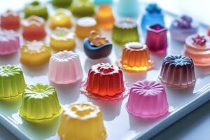 Colorful jellies creating a vibrant and tempting display on white surface photo