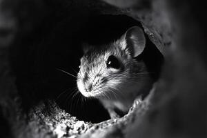 Curious mouse emerging from its dark nest photo