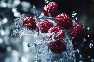 Fresh raspberries splashing in clean water with bokeh background photo
