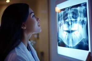 Dentist examining panoramic dental x-ray on digital display in clinic photo