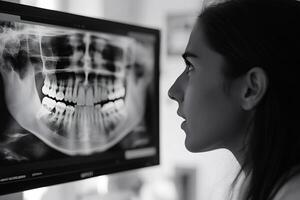 Dentist examining panoramic dental x-ray on computer screen in black and white photo
