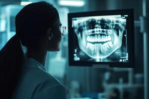 Dentist examining panoramic dental x ray on computer screen photo